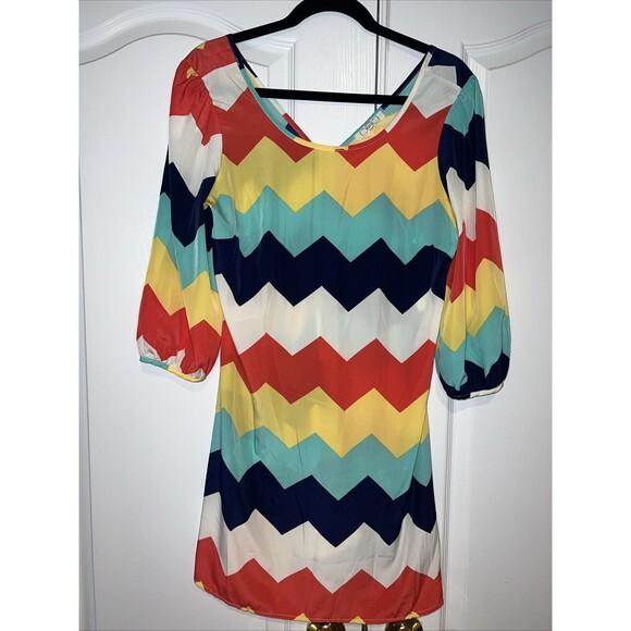 Ezra Womens Shift Dress Large Multicolored Chevron 3/4 Sleeve Mini Polyester Zip - Picture 1 of 10